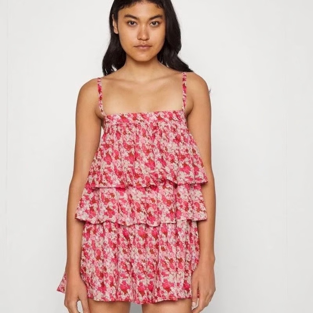 New Free People Talia Pink Floral Tiered Mini Dress Tunic Top sz XS